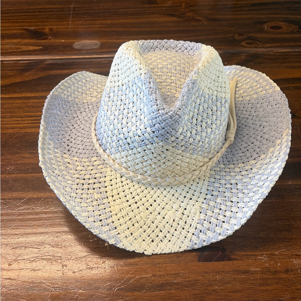 Anthropologie Braided Two-Tone Straw Sun Hat in Cream and Light Blue